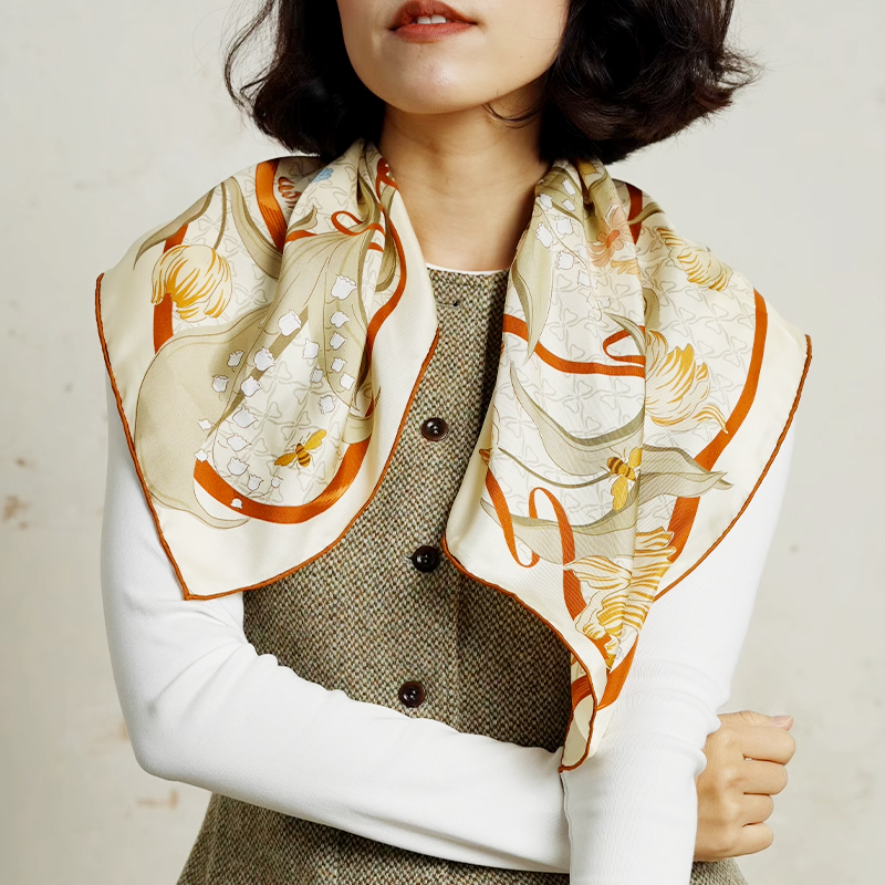 復古美拉德鬱金香真絲方巾