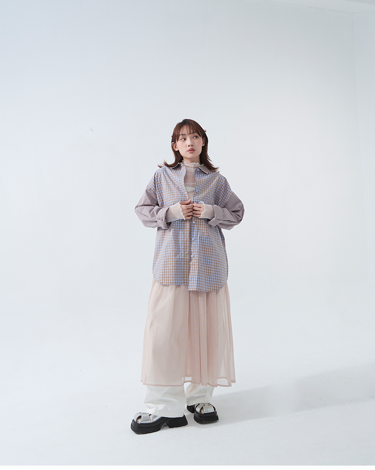 配色チェック切り替え長袖シャツ