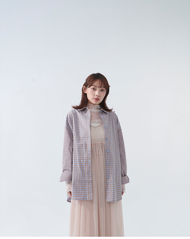 配色チェック切り替え長袖シャツ