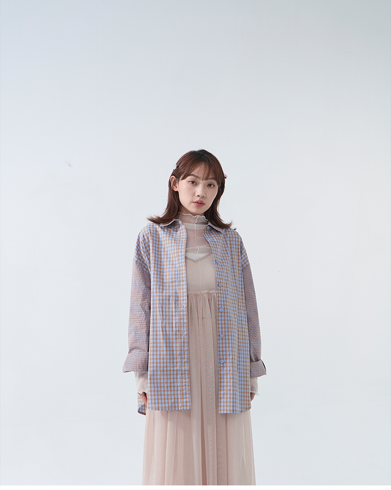 配色チェック切り替え長袖シャツ