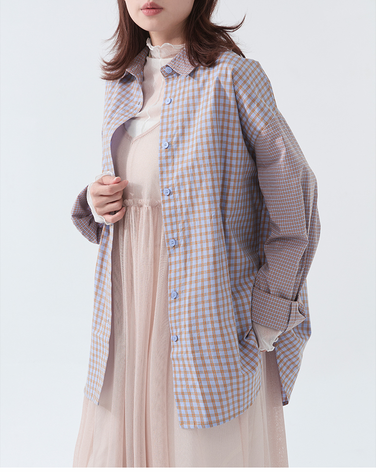 配色チェック切り替え長袖シャツ