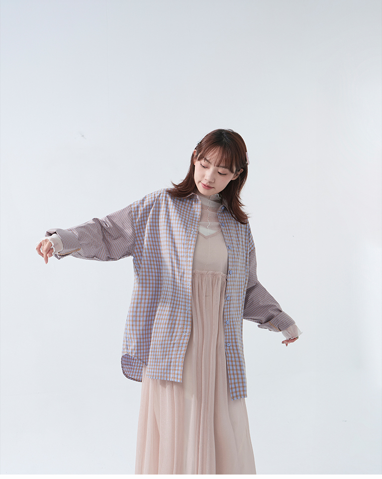 配色チェック切り替え長袖シャツ