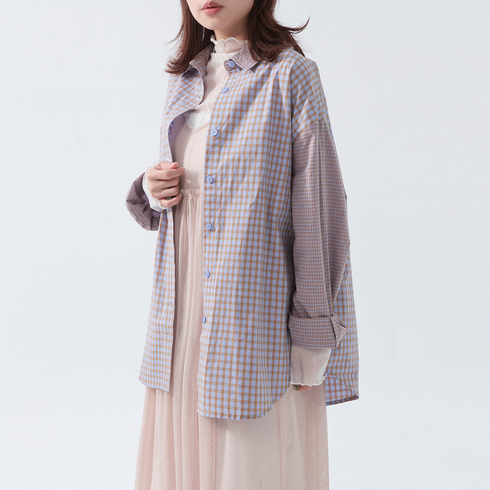 配色チェック切り替え長袖シャツ