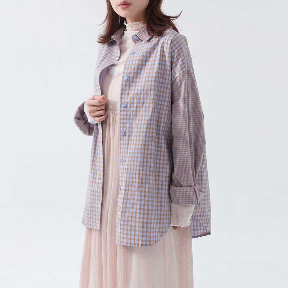 配色チェック切り替え長袖シャツ