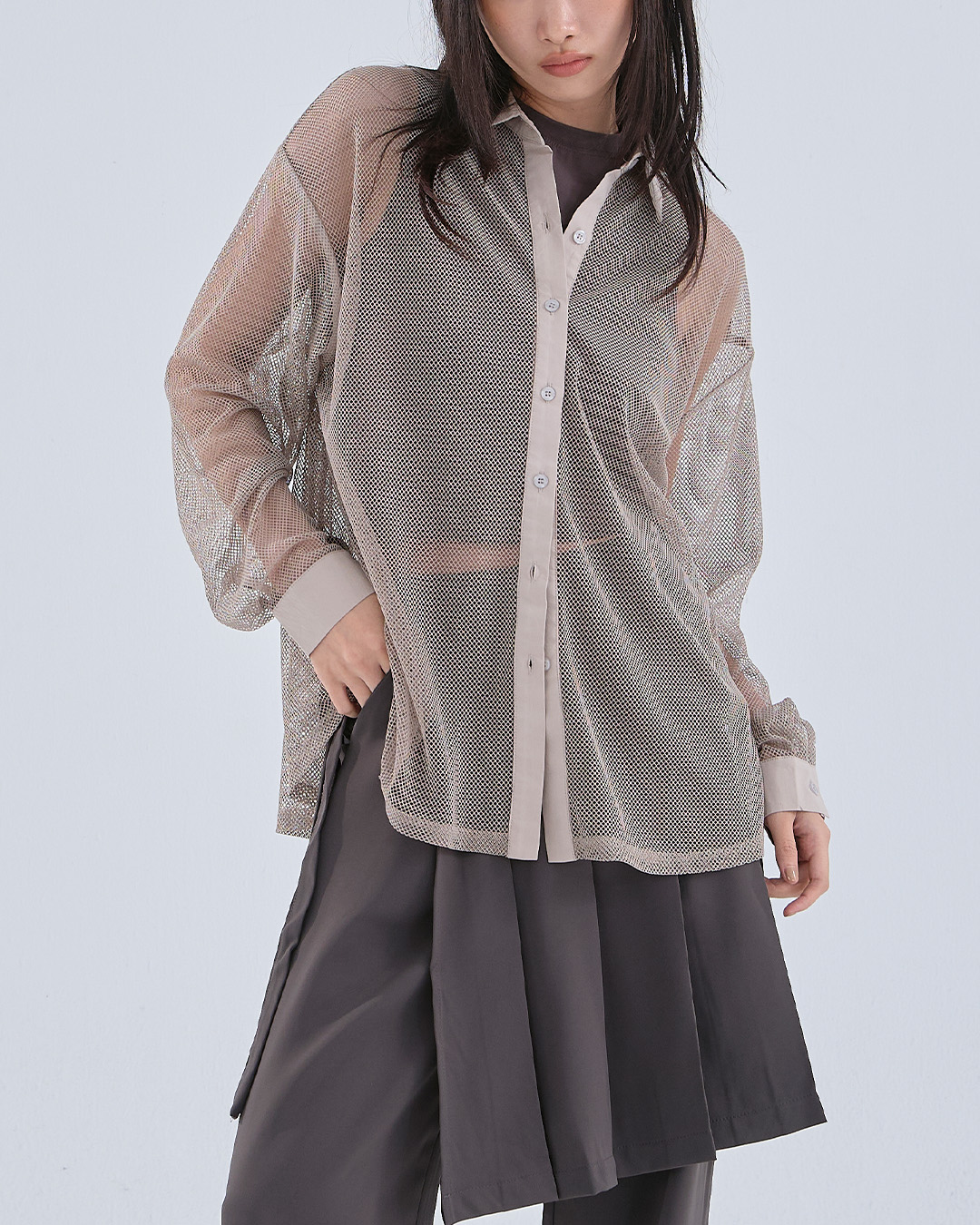 秋10尚未收到---透かしメッシュシャツ 3色展開