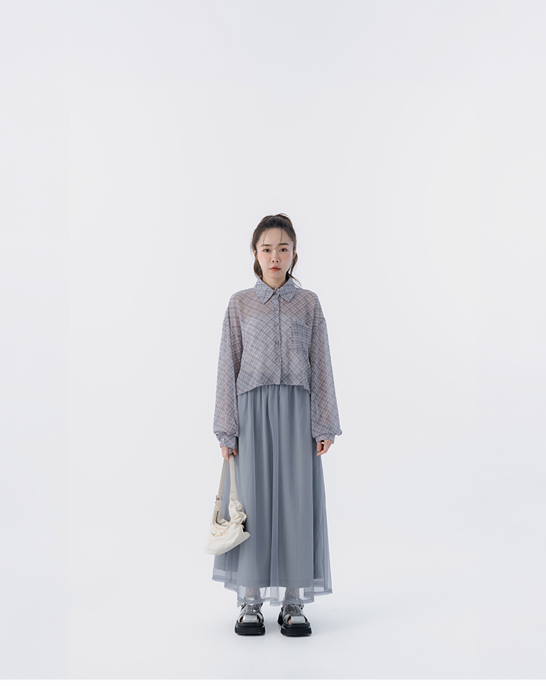 チェックシアー長袖クロップドシャツ 2色展開