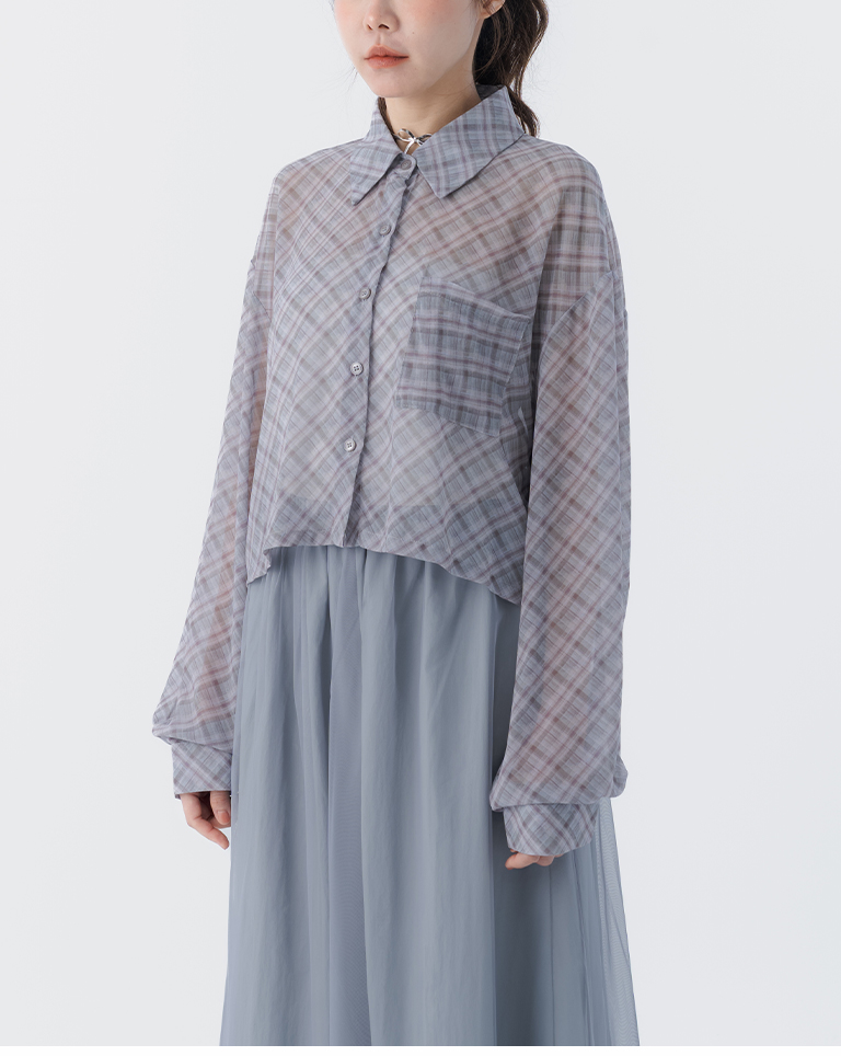 チェックシアー長袖クロップドシャツ 2色展開