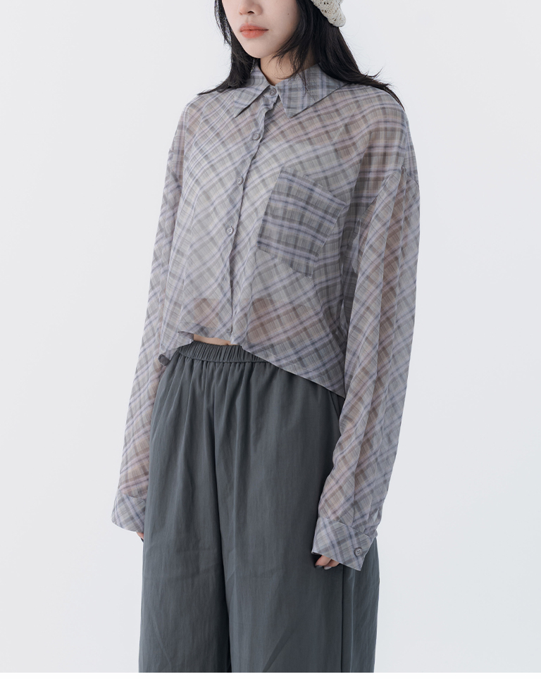 チェックシアー長袖クロップドシャツ 2色展開