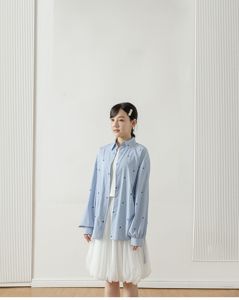 ストライプリボン刺繍ドロストシャツ  2色展開