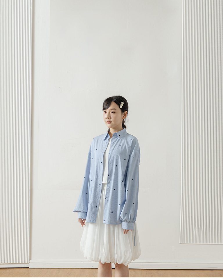 ストライプリボン刺繍ドロストシャツ  2色展開