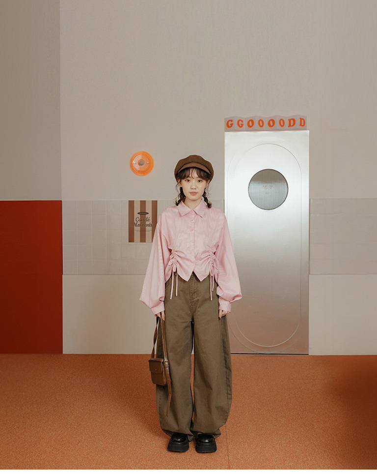 ストライプシャーリングショート丈シャツ 2色展開