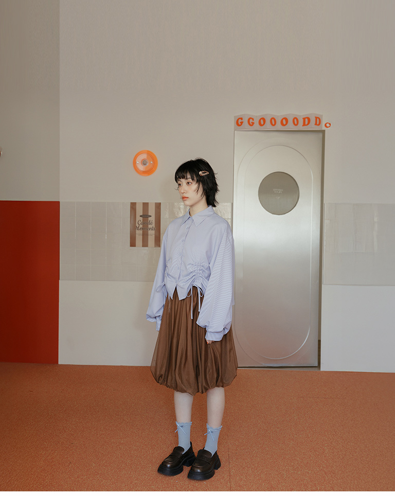 ストライプシャーリングショート丈シャツ 2色展開