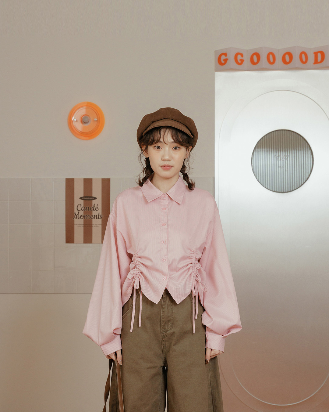 ストライプシャーリングショート丈シャツ 2色展開