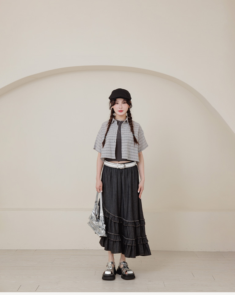 シアーチェックショート丈半袖シャツ グレー