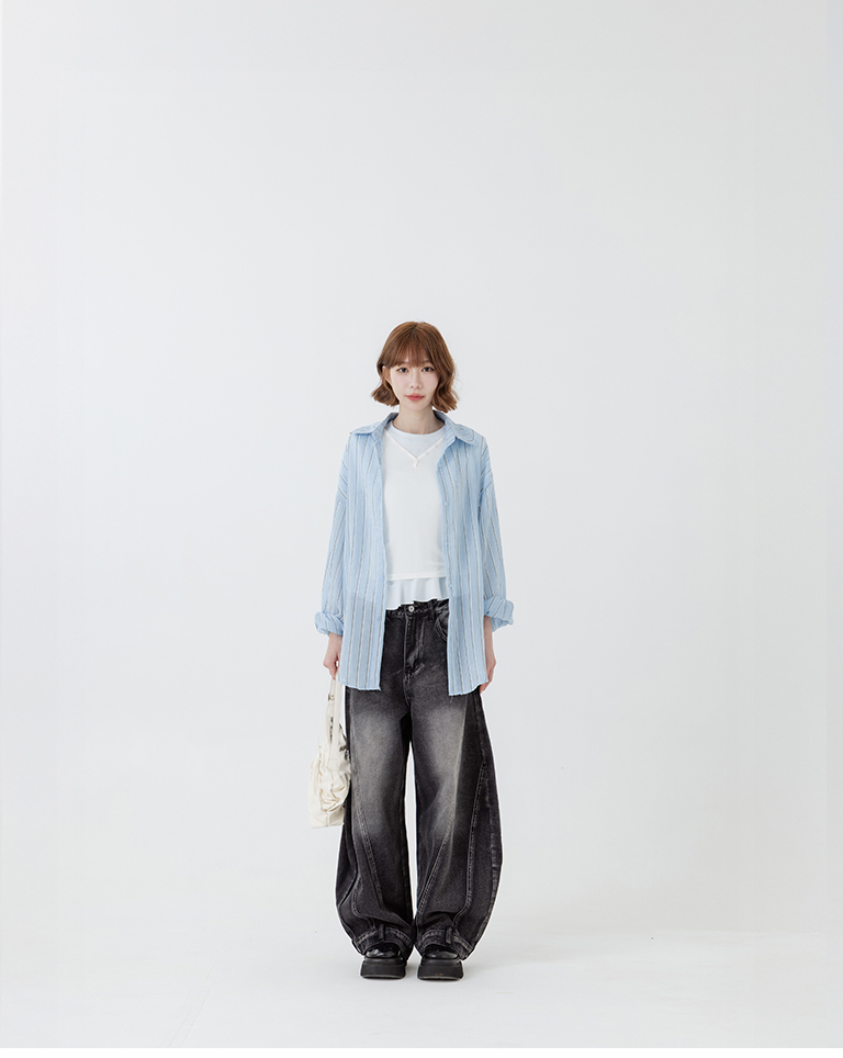 夏4未到---配色ストライプシアーワイドシャツ 3色展開