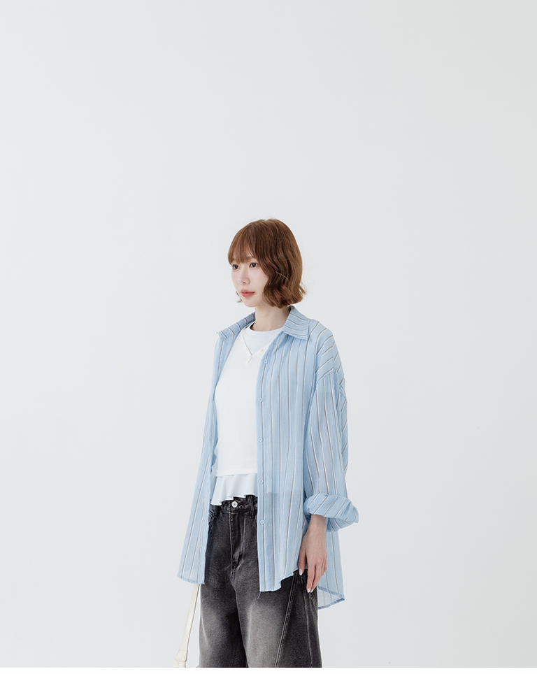 夏4未到---配色ストライプシアーワイドシャツ 3色展開