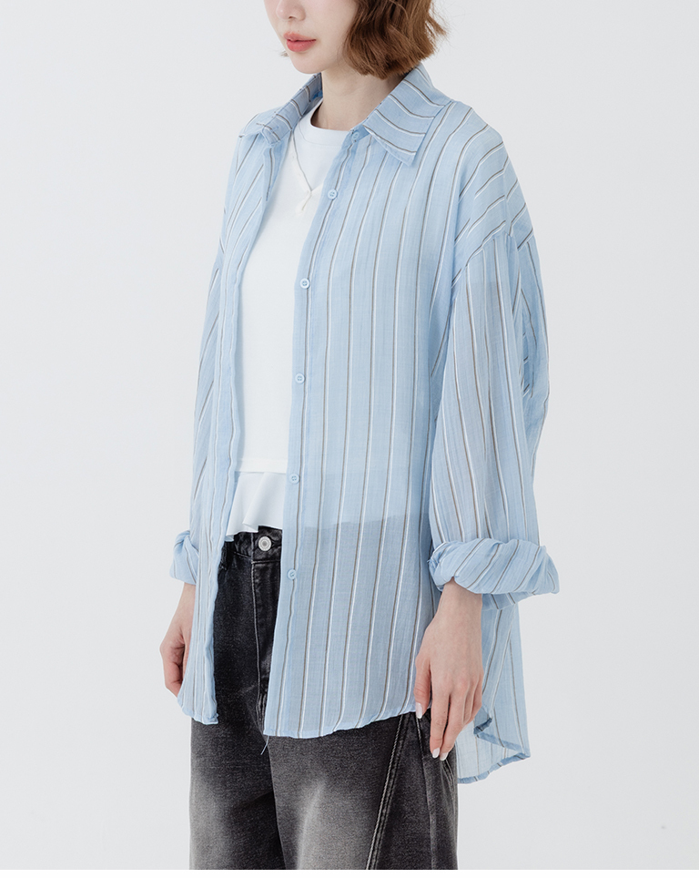 夏4未到---配色ストライプシアーワイドシャツ 3色展開
