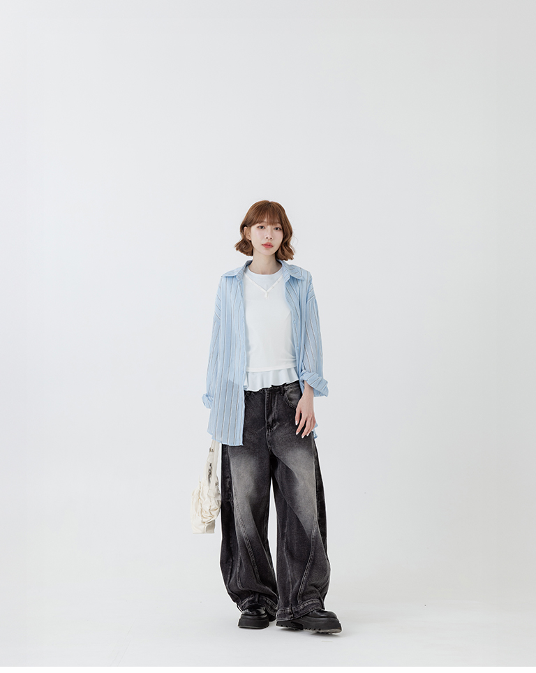 夏4未到---配色ストライプシアーワイドシャツ 3色展開