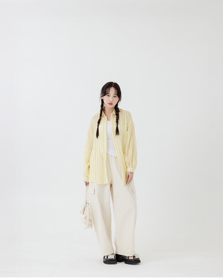 夏4未到---配色ストライプシアーワイドシャツ 3色展開