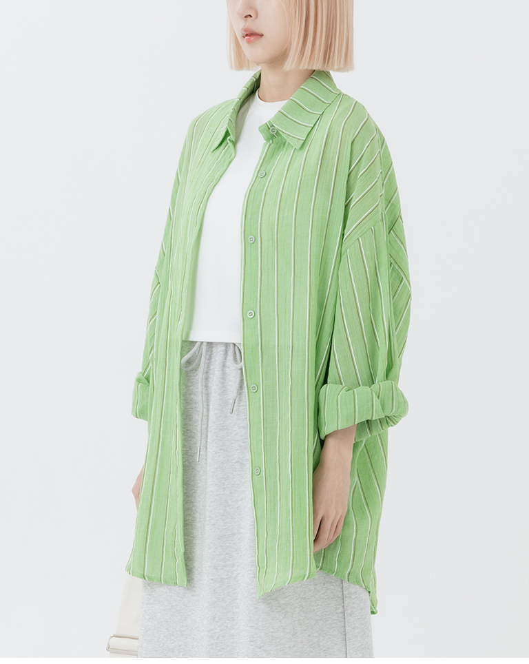 夏4未到---配色ストライプシアーワイドシャツ 3色展開