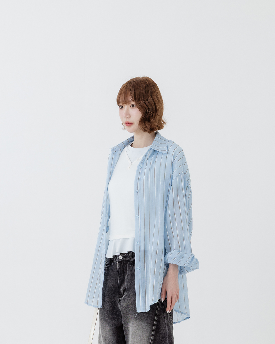 夏4未到---配色ストライプシアーワイドシャツ 3色展開