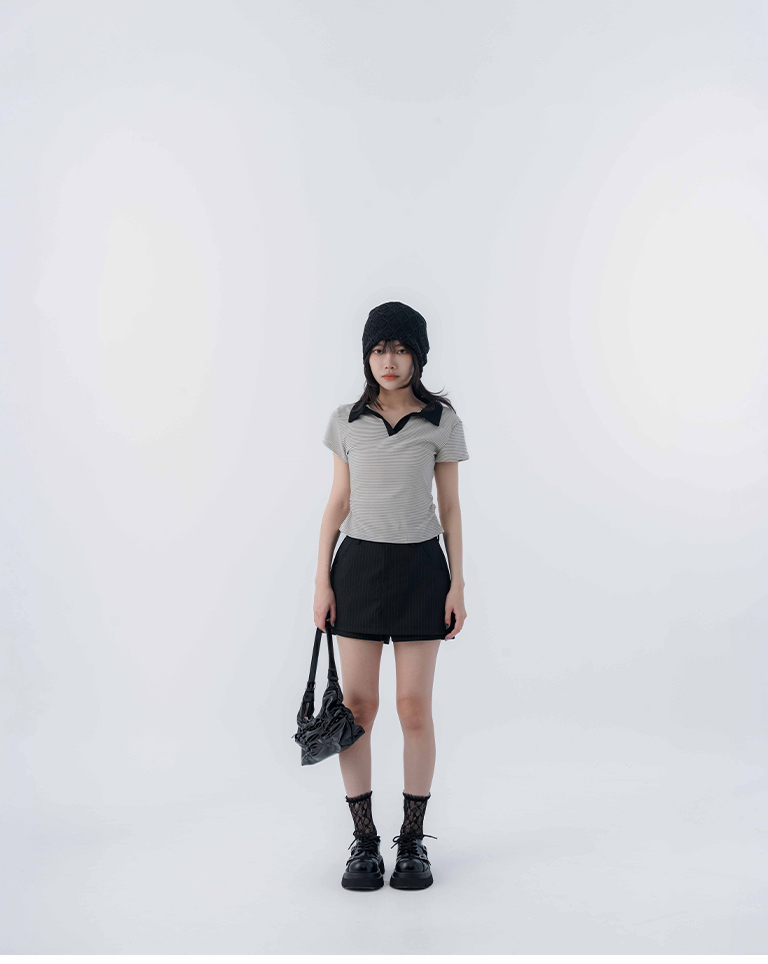 ストライプポロネックサイドギャザー入りトップス 3色展開