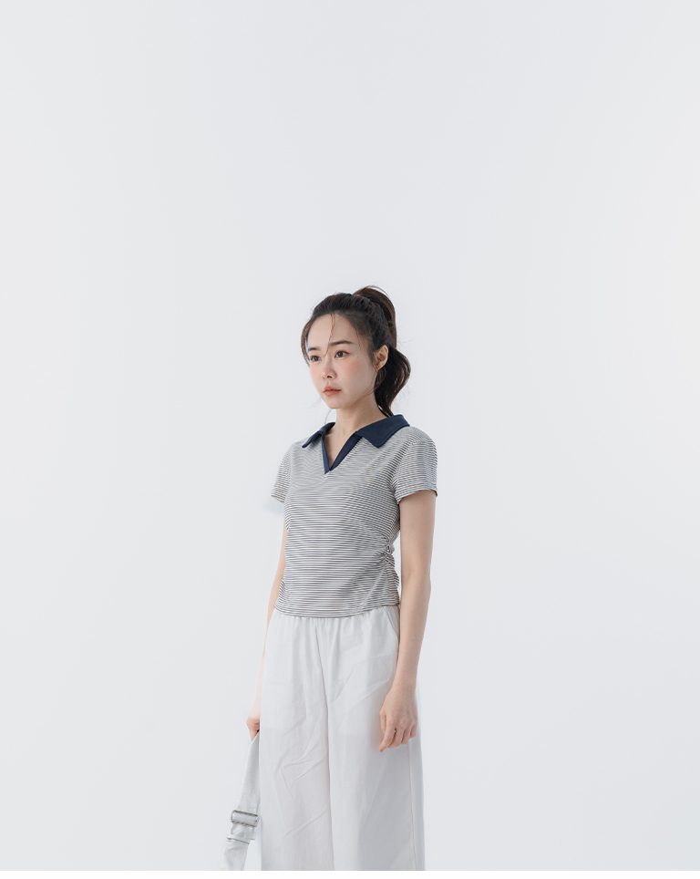 ストライプポロネックサイドギャザー入りトップス 3色展開