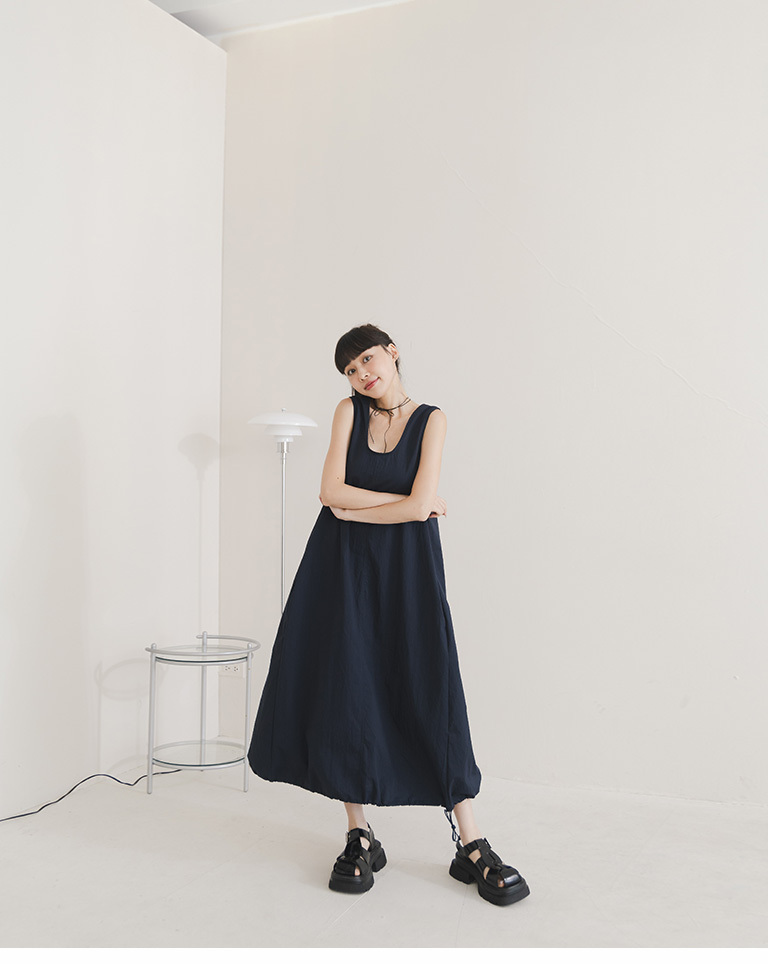 裾ドローコードUネックノースリーブワンピ 3色展開