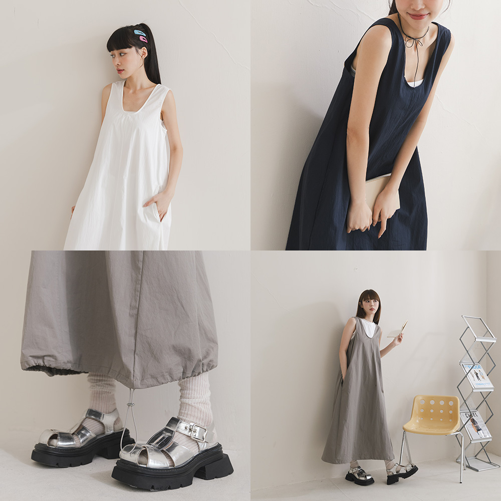 裾ドローコードUネックノースリーブワンピ 3色展開