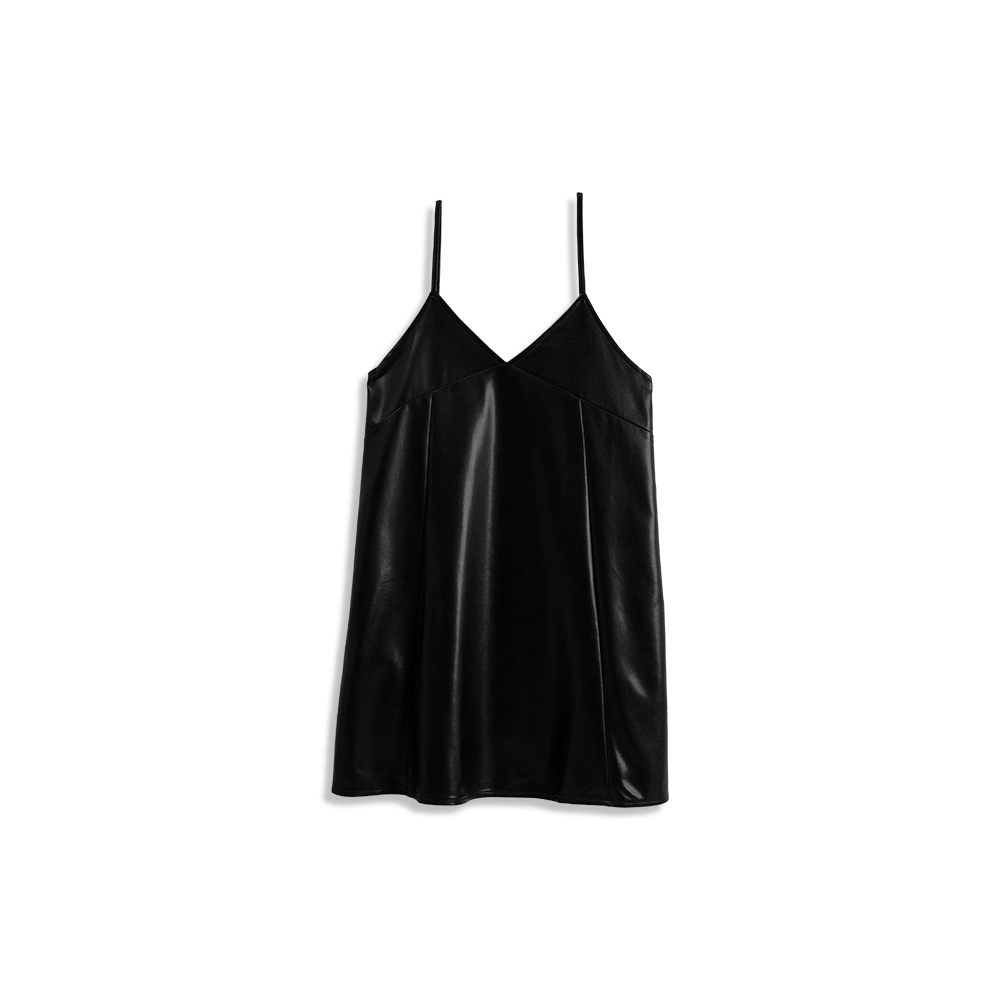 Vネックフェイクレザーミニワンピース 2色展開