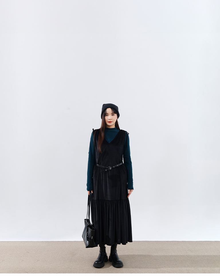 ベルベットリボンロングワンピース 2色展開