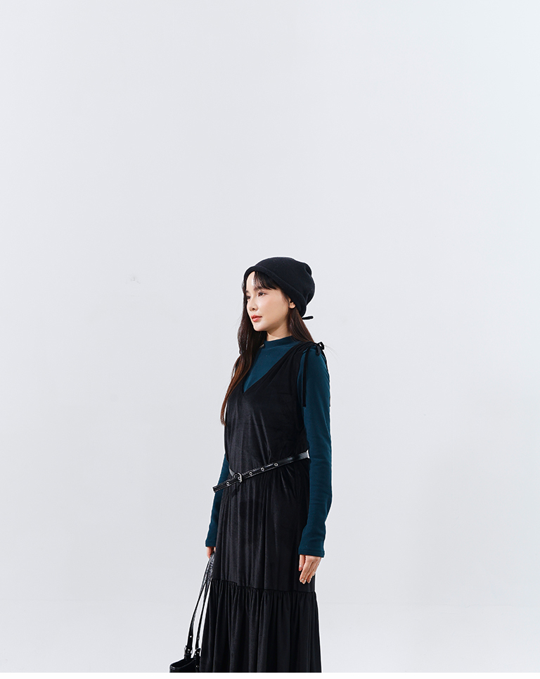 ベルベットリボンロングワンピース 2色展開