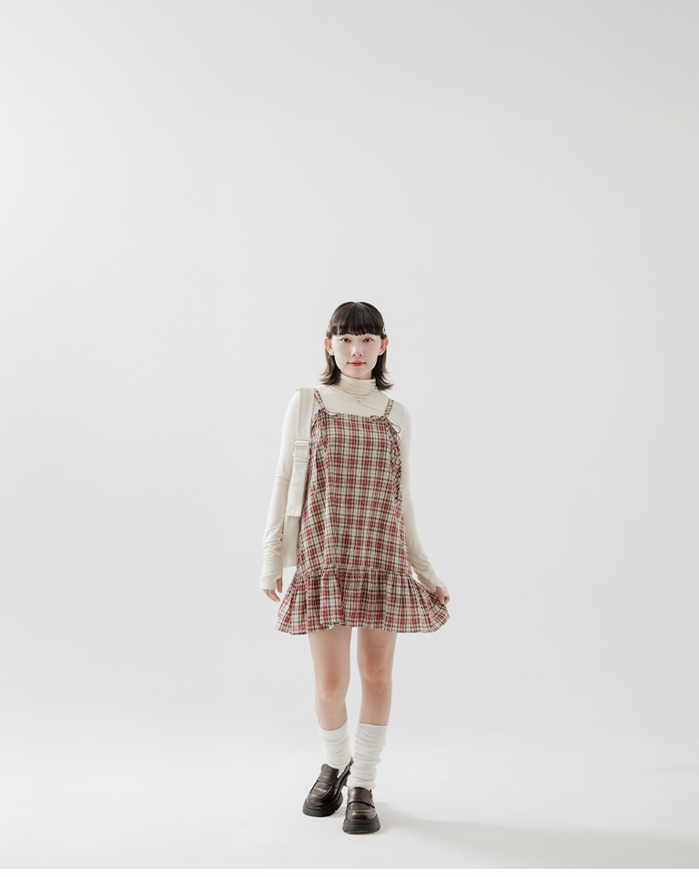 チェックリボンタイミニワンピース レッド