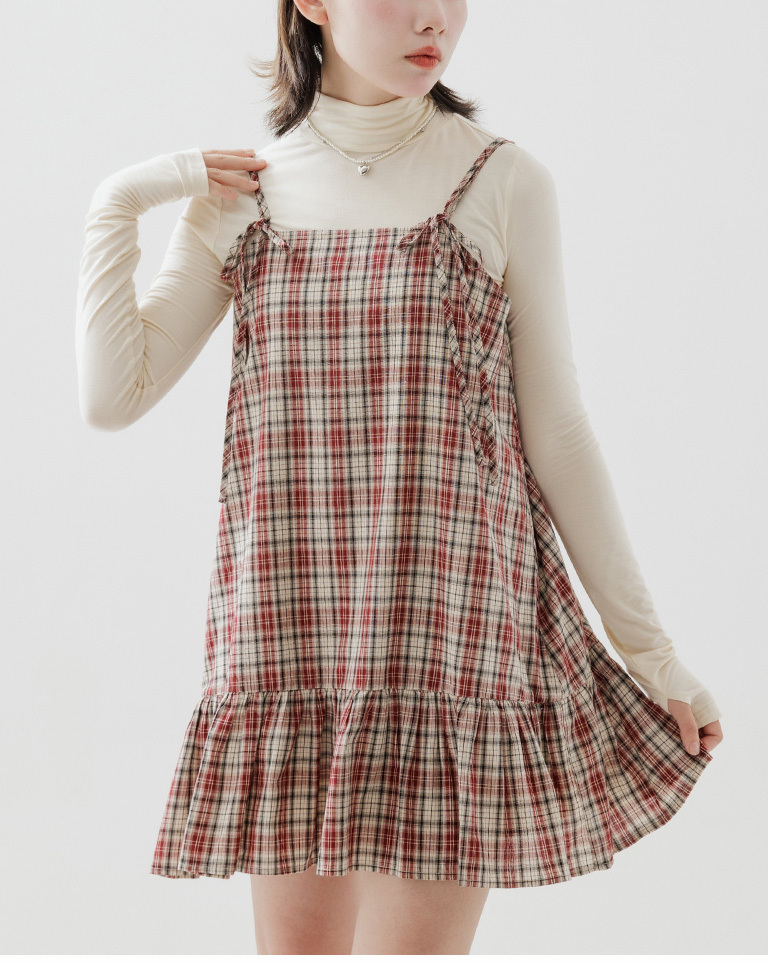 チェックリボンタイミニワンピース レッド