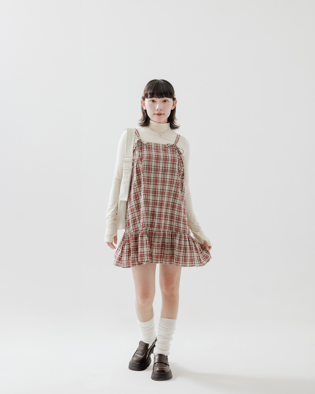 チェックリボンタイミニワンピース レッド