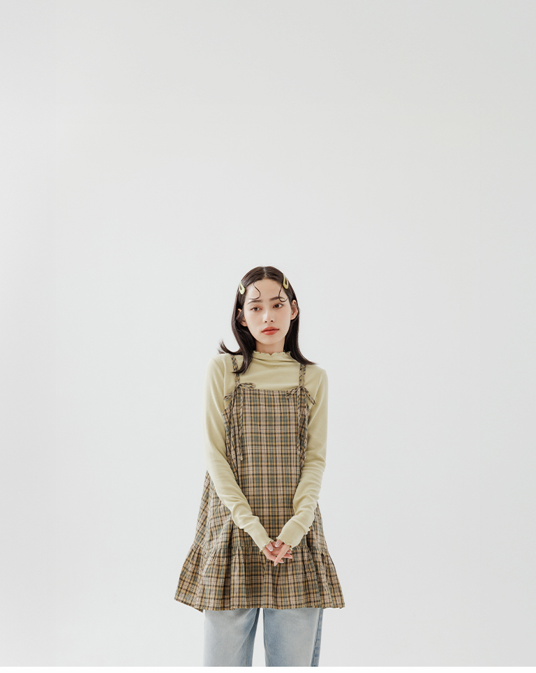 チェックリボンタイミニワンピース グリーン