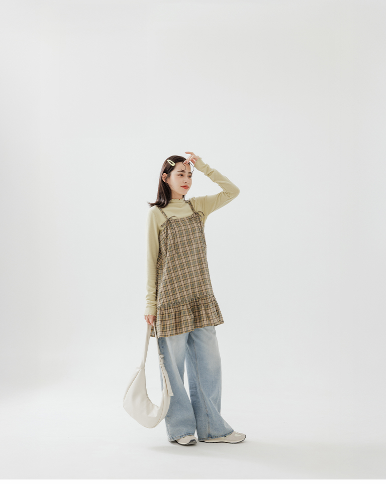 チェックリボンタイミニワンピース グリーン