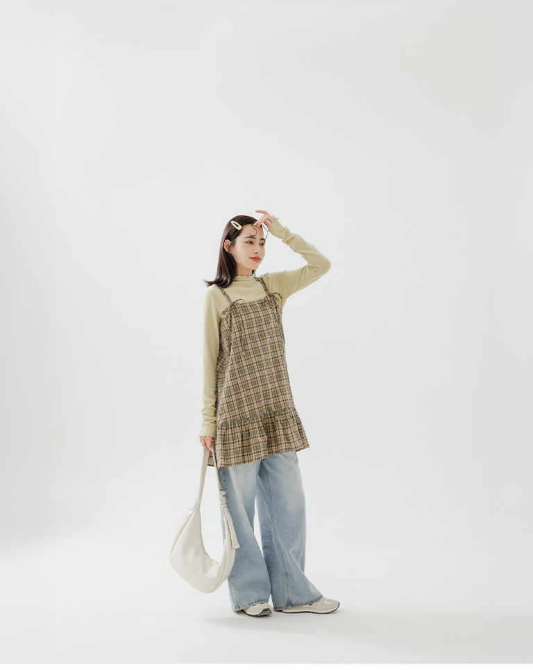 チェックリボンタイミニワンピース グリーン