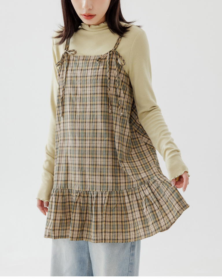 チェックリボンタイミニワンピース グリーン