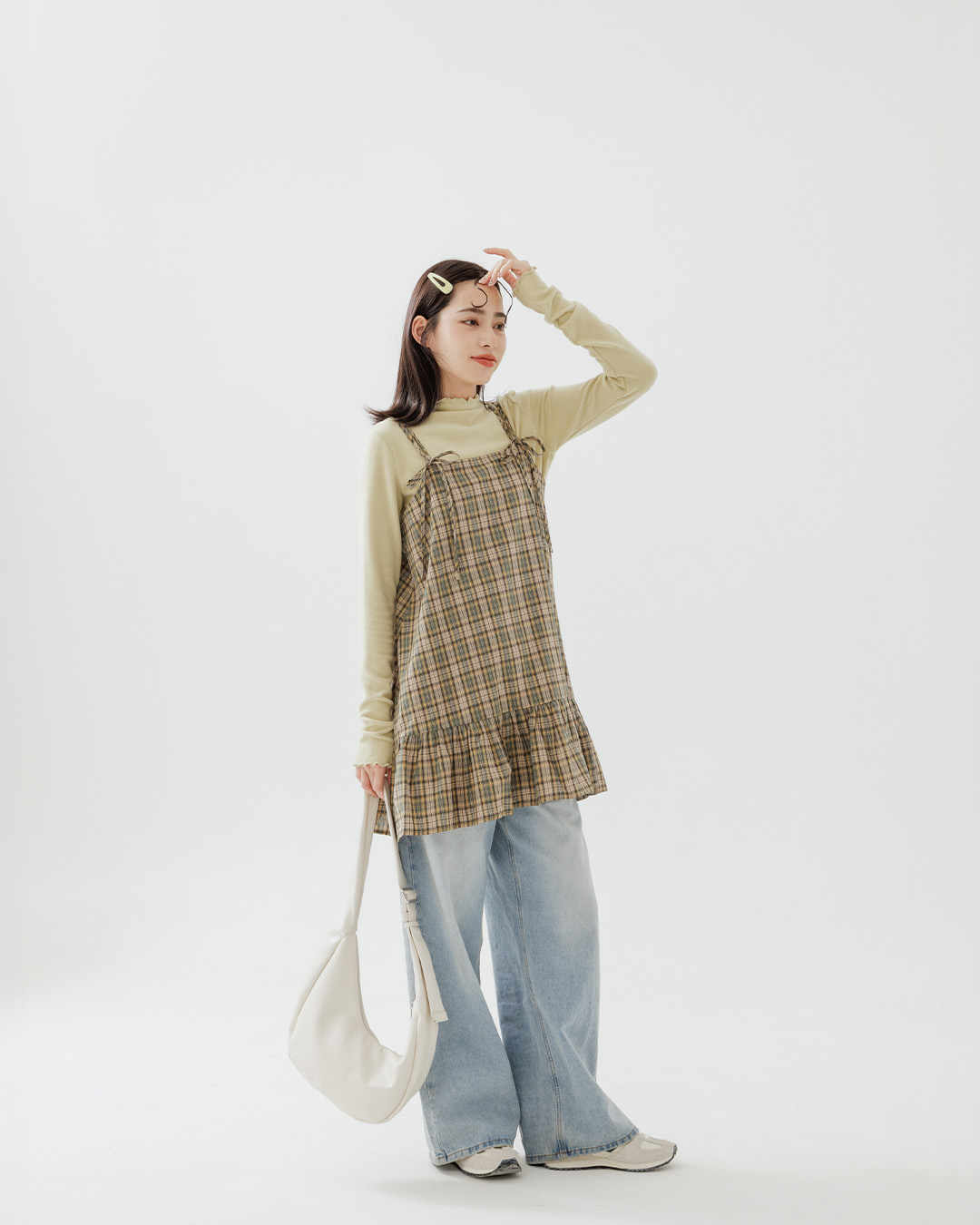 チェックリボンタイミニワンピース グリーン