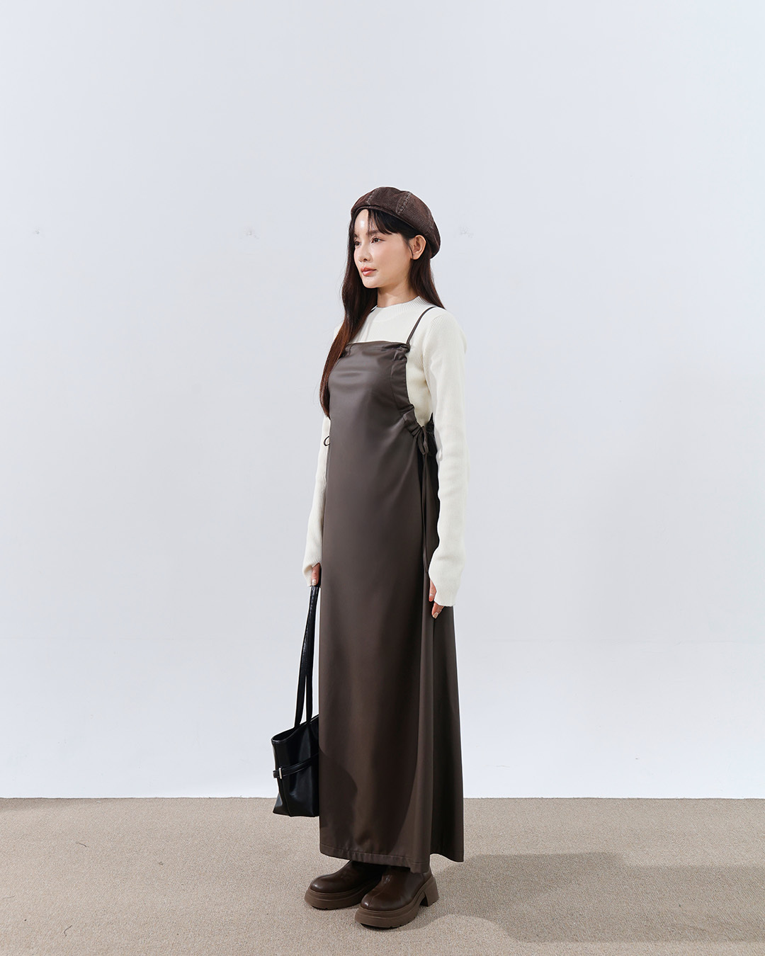 サイドギャザー キャミワンピース レザ  2色展開