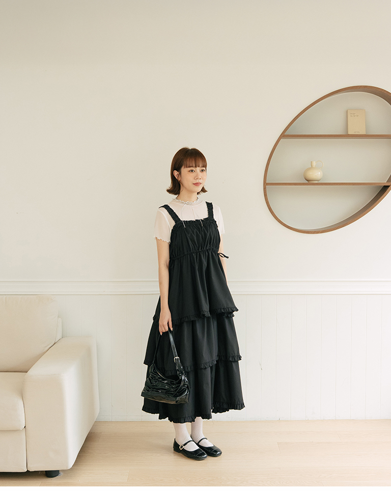 多層フリルティアードロングワンピース 2色展開