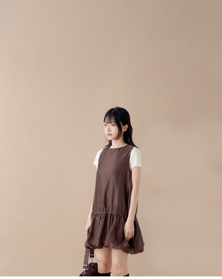 光沢ドットドロストバルーンミニワンピース 3色展開
