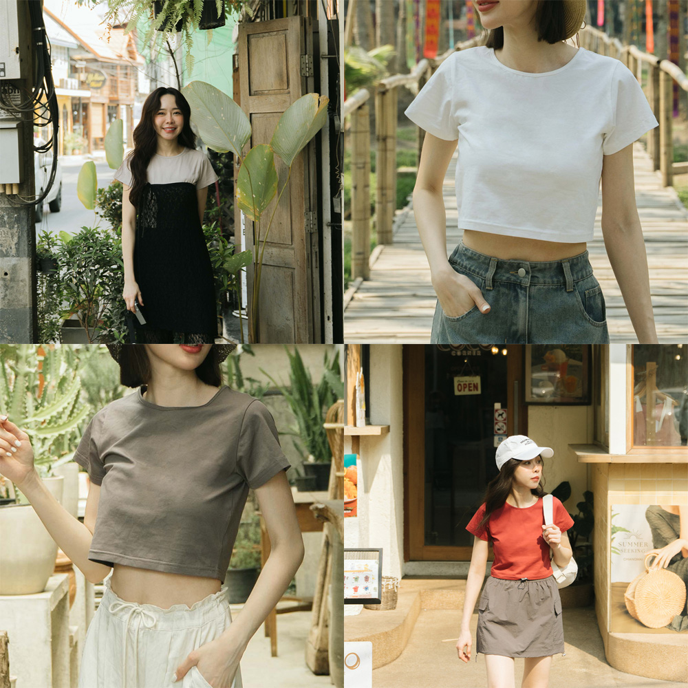 無地ラウンドネックショートトップス 6色展開 S/M/L
