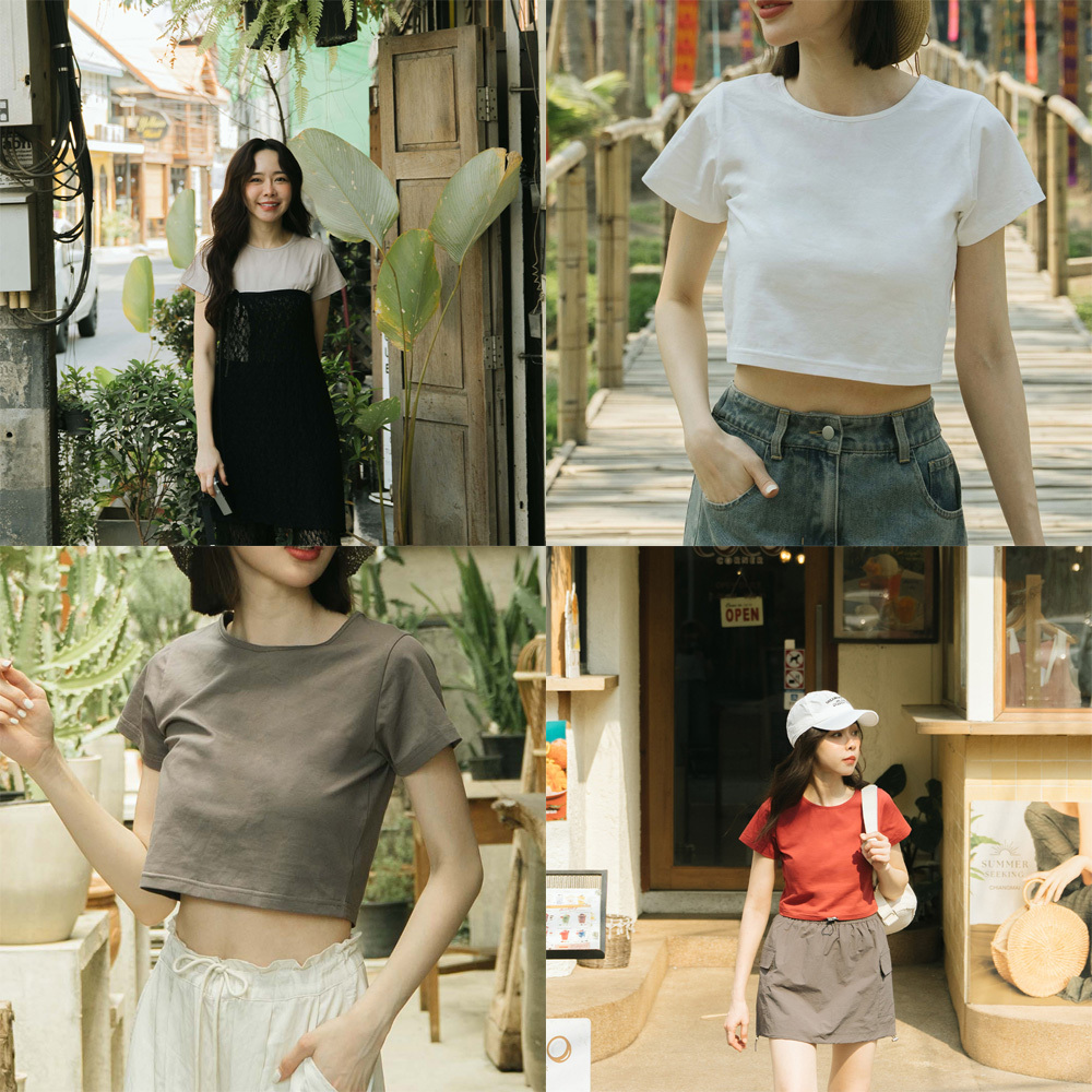 無地ラウンドネックショートトップス 6色展開 S/M/L