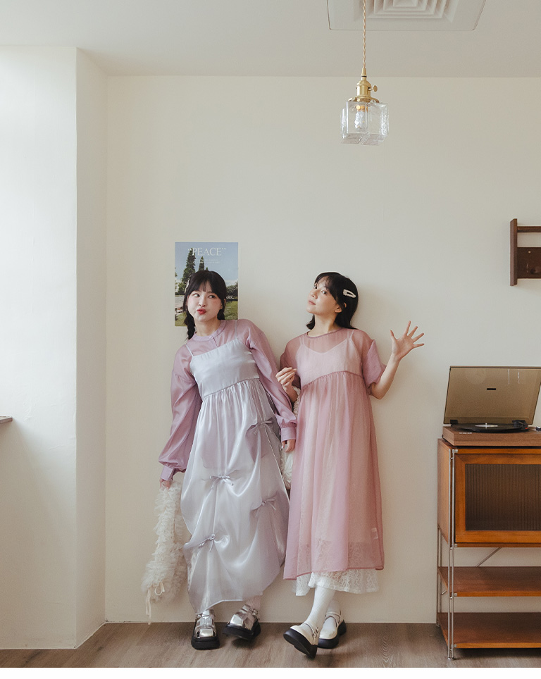 パフスリーブシアーロングワンピ 3色展開