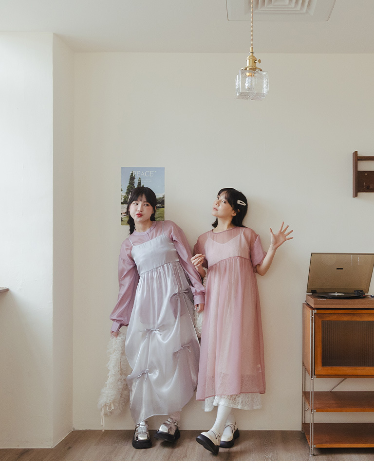 パフスリーブシアーロングワンピ 3色展開