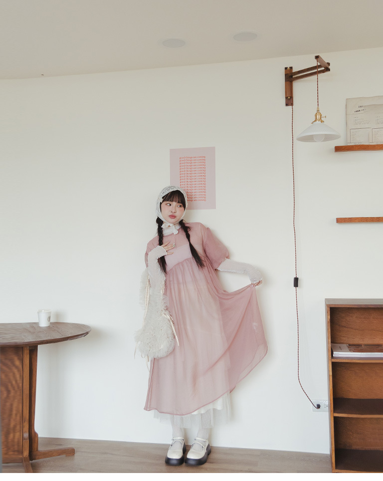 パフスリーブシアーロングワンピ 3色展開