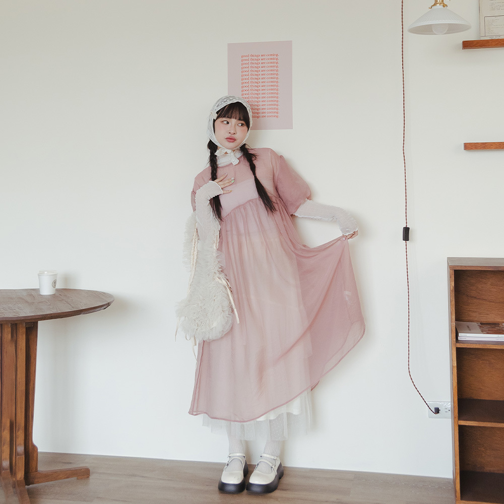 パフスリーブシアーロングワンピ 3色展開