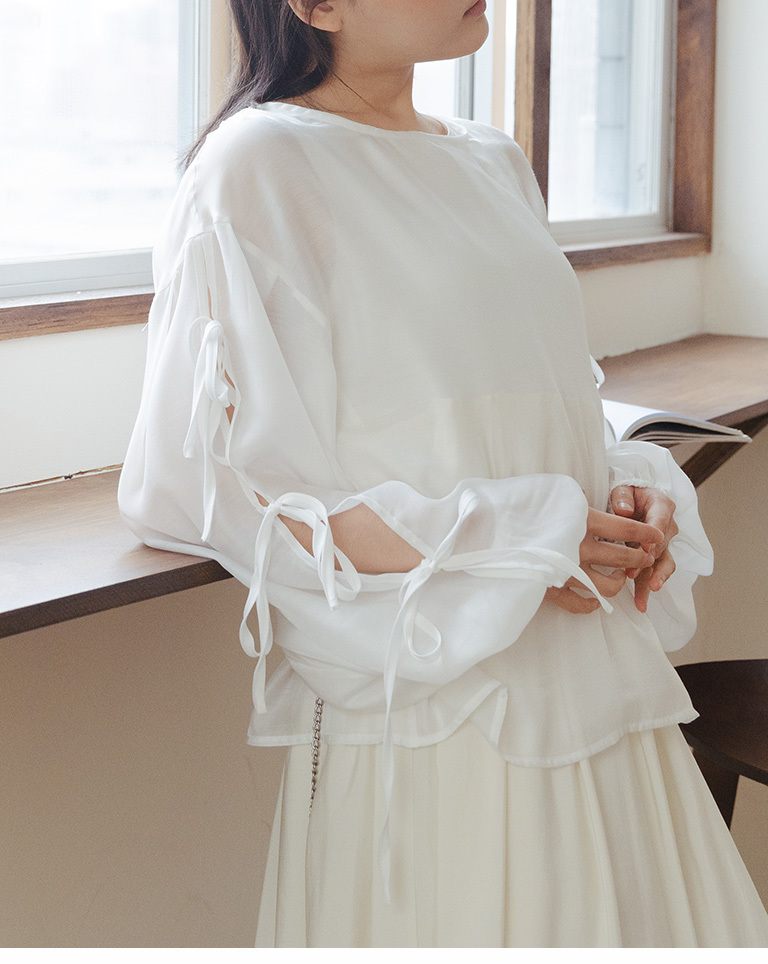 微光沢リボンスリーブシアーブラウス 2色展開